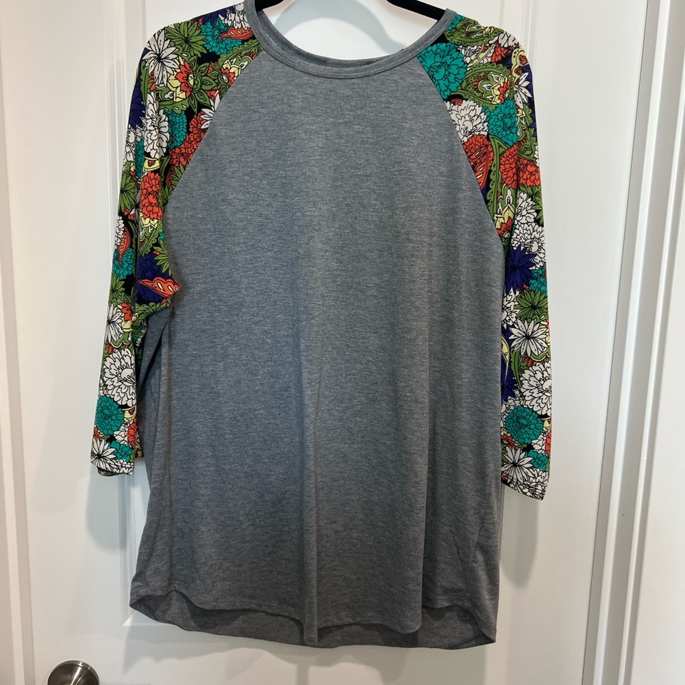 LuLaRoe Gray and Blue Raglan Graphic Tee